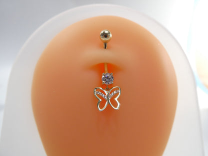 14k Real Solid Yellow Gold Butterfly Dangling Belly Button Ring Piercing