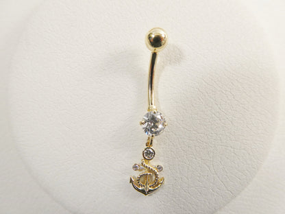 14k Real Solid Yellow Gold Anchor Dangling Belly Button Ring Piercing