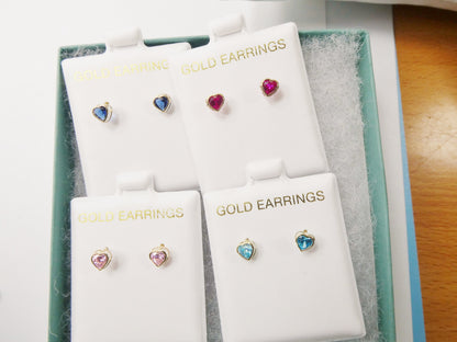 10k Real Solid Yellow Gold Birthstone Screw Back Children Earrings Heart Bazel Shape