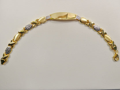 Real 925 Sterling Silver Stampato XOXO ID Bracelet 14k Yellow Gold Finish
