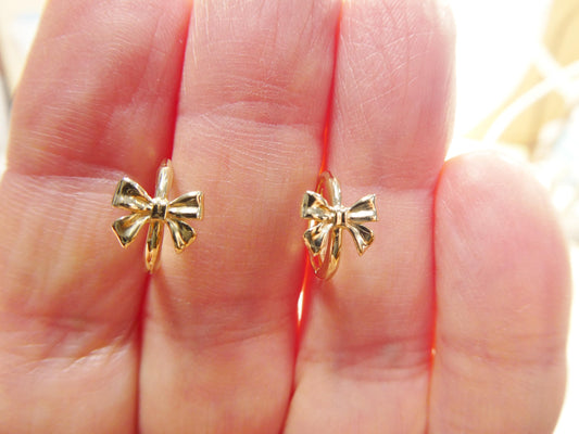 real 10k solid yellow gold designer bow hoop huggie earrings