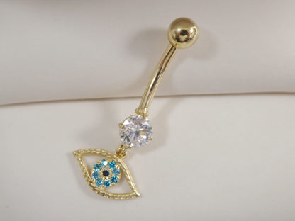 14k Real Solid Yellow Gold Evil Eye Dangling Belly Button Ring Piercing