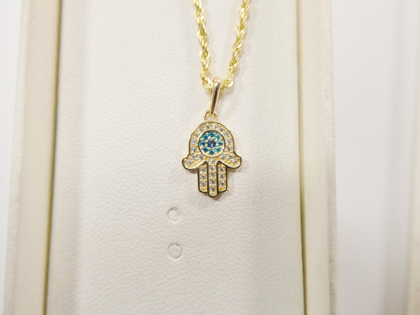 14k real solid yellow gold hand hamsa  pendent and rope necklace
