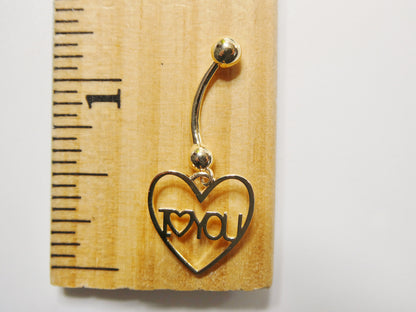 14k Real Solid Yellow Gold Heart I Love You  Belly Button Ring Piercing