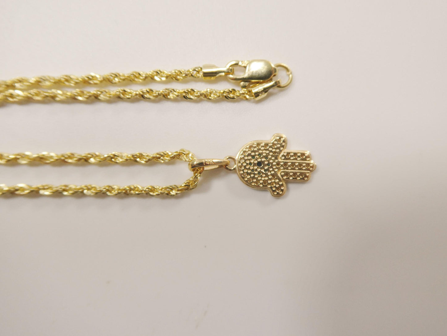 14k real solid yellow gold hand hamsa  pendent and rope necklace