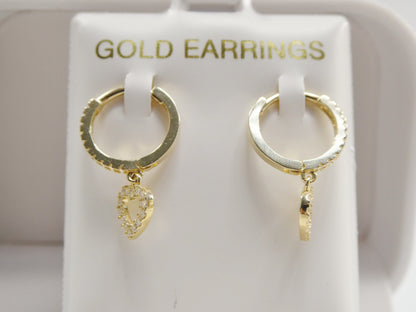 Real 10k Solid Yellow Gold Dangle Heart Full Micro Fave Setting Hoop Huggie Earrings