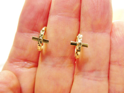 Real 10k Solid Yellow Gold Cross Hoop Huggie Earrings