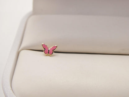 14k Real Solid Yellow Gold Tiny Pink Butterfly Stud Nose Ring