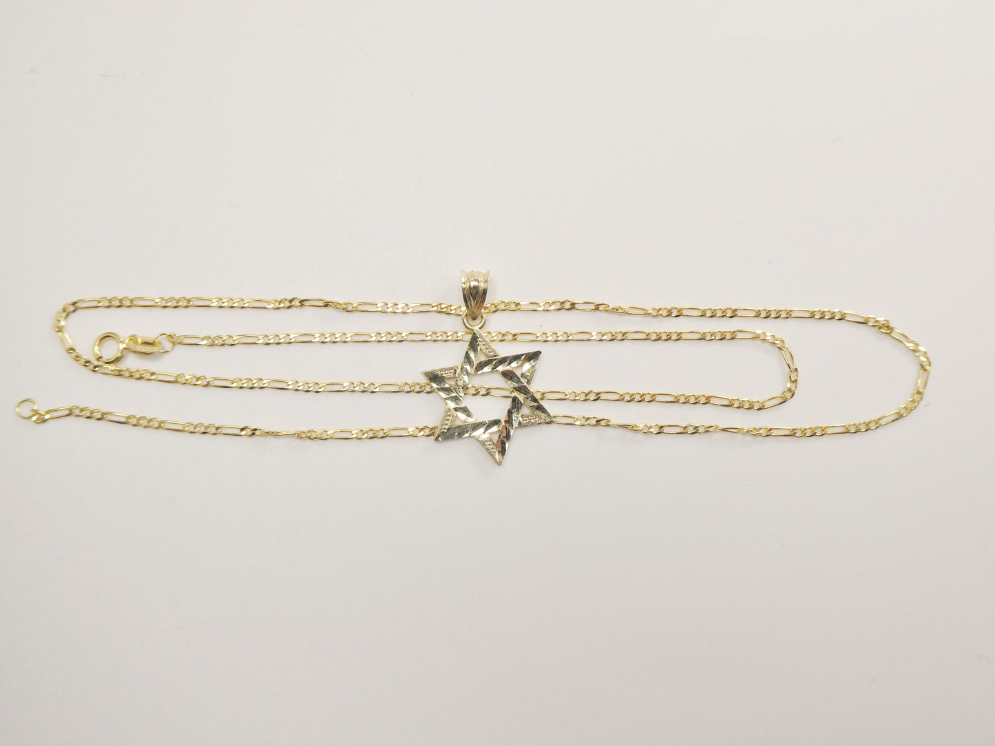 10k Yellow Gold Star of David Pendant Necklace: 18 inch Figaro Chain