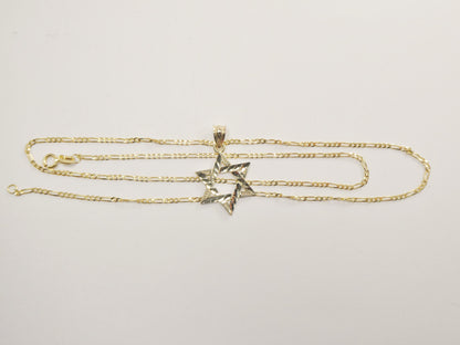 10k Yellow Gold Star of David Pendant Necklace: 18 inch Figaro Chain