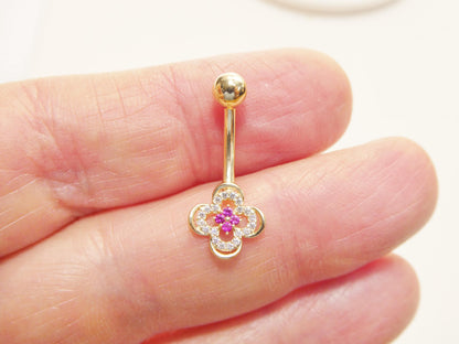 14k Real Solid Yellow Gold Flower Belly Button Ring Piercing