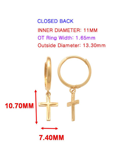 Real 10k Solid Yellow Gold Cross Dropping Hoop Huggie Earrings