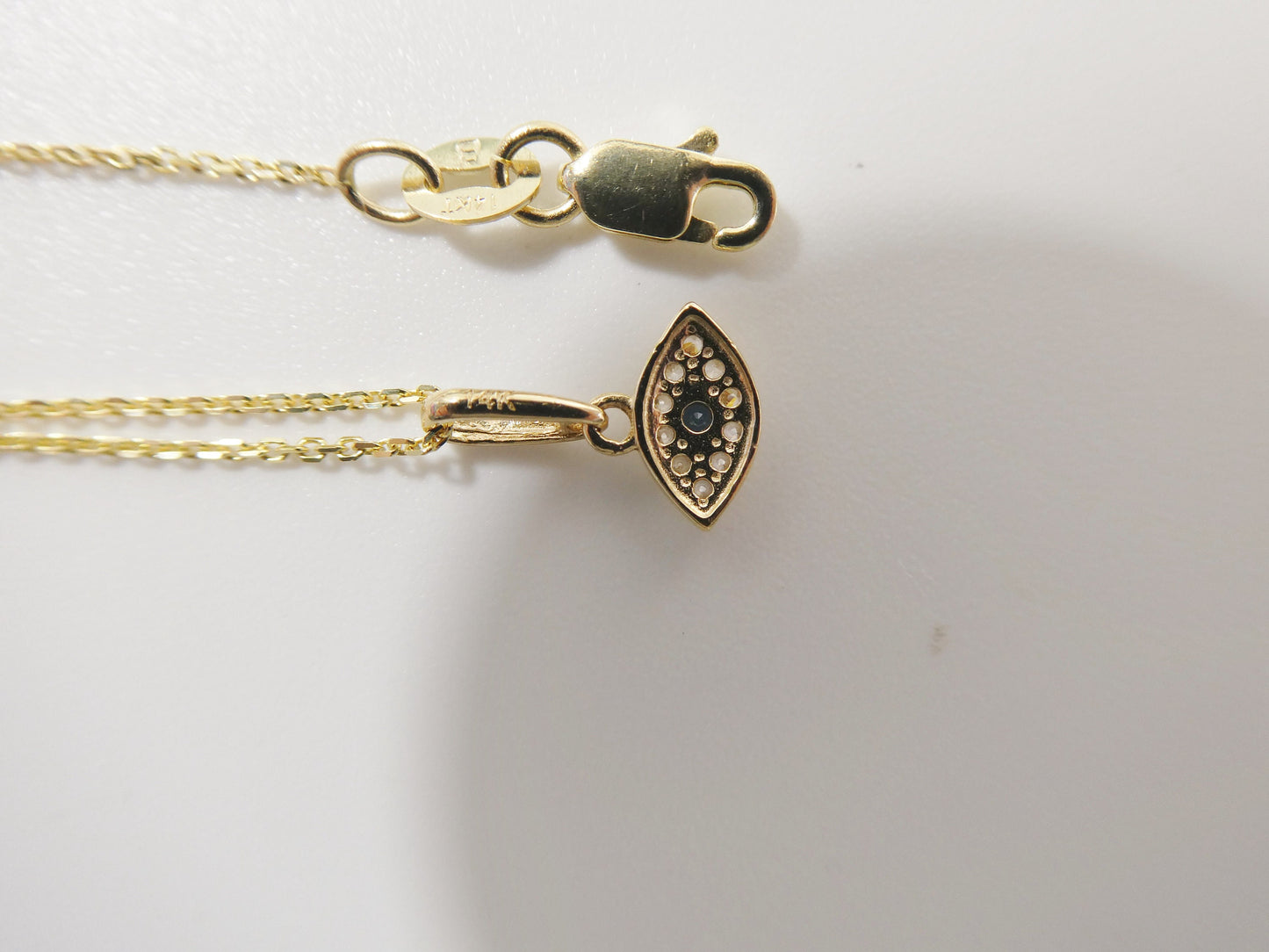 14k real solid yellow gold small evil eye pendent and cable necklace