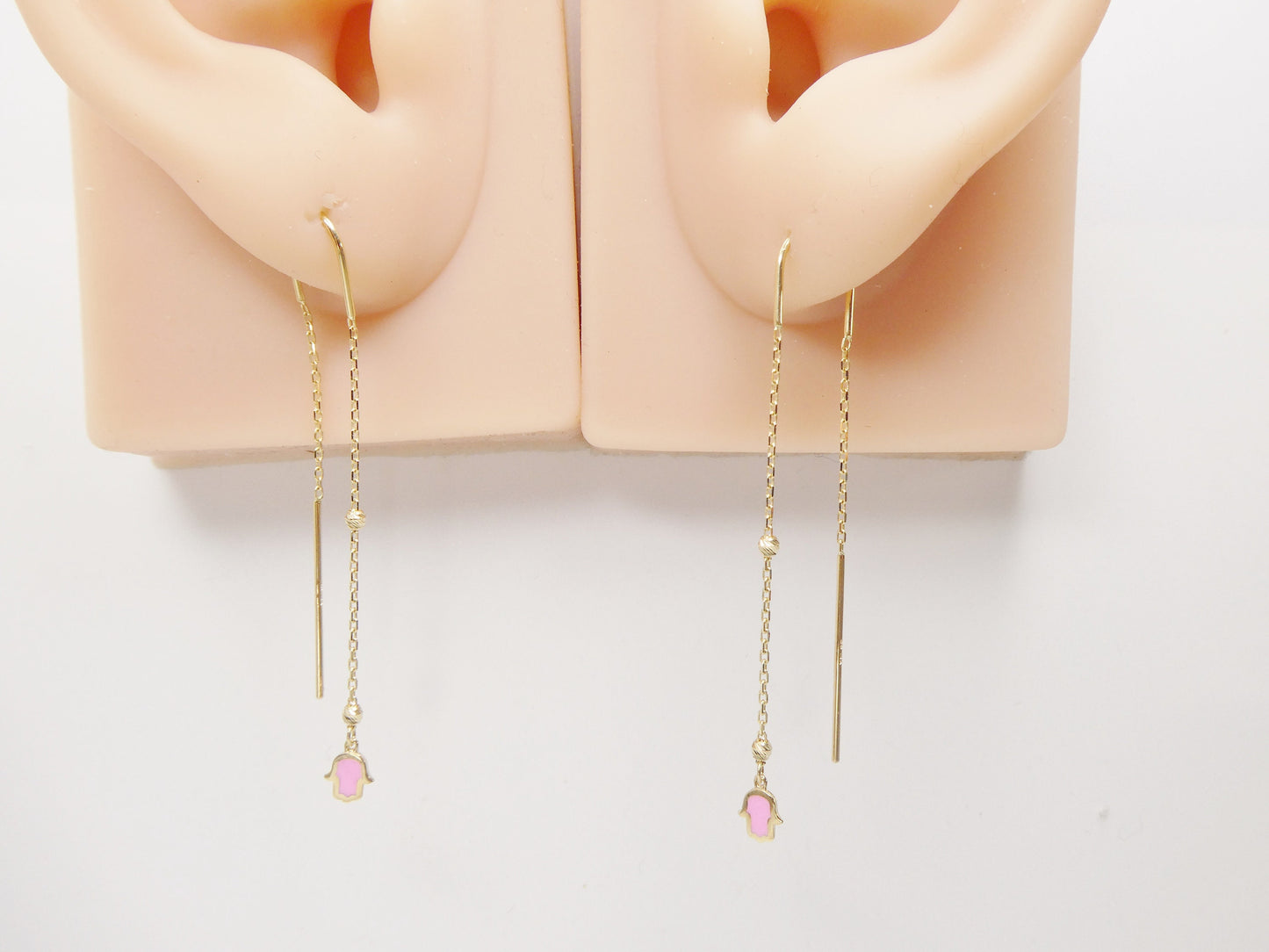 14k real solid yellow gold hamsa hand  long dangling earrings