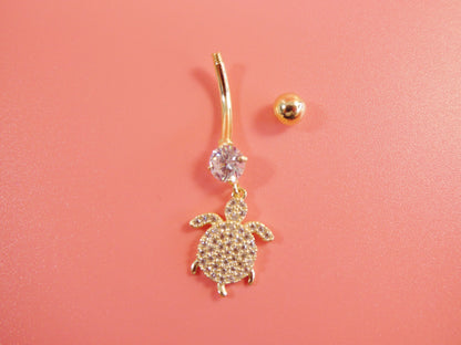 14k Real Solid Yellow Gold Dangling Turtle Belly Button Ring Piercing