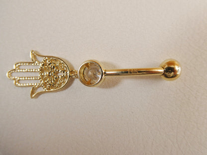 14k Real Solid Yellow Gold Dangling Hamsa Hand Belly Button Ring Piercing