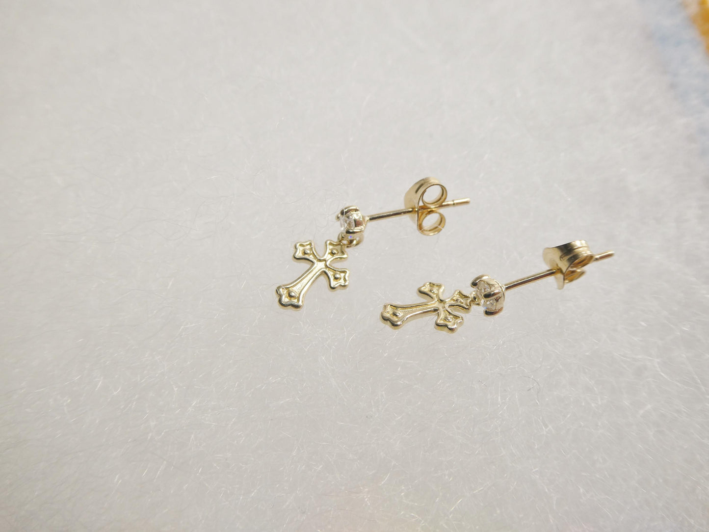 real 10k solid yellow gold cross dropping push post earrings