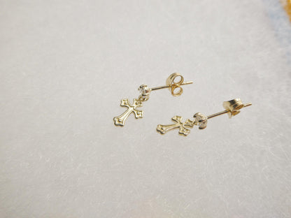 Real 10k Solid Yellow Gold Cross Dropping Push Post Earrings