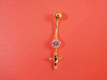 14k Real Solid Yellow Gold Dangling Cross Belly Button Ring Piercing