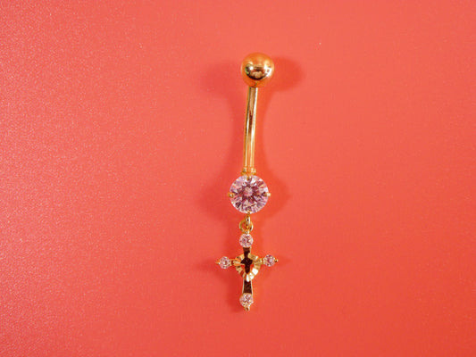 14k real solid yellow gold dangling cross belly button ring piercing
