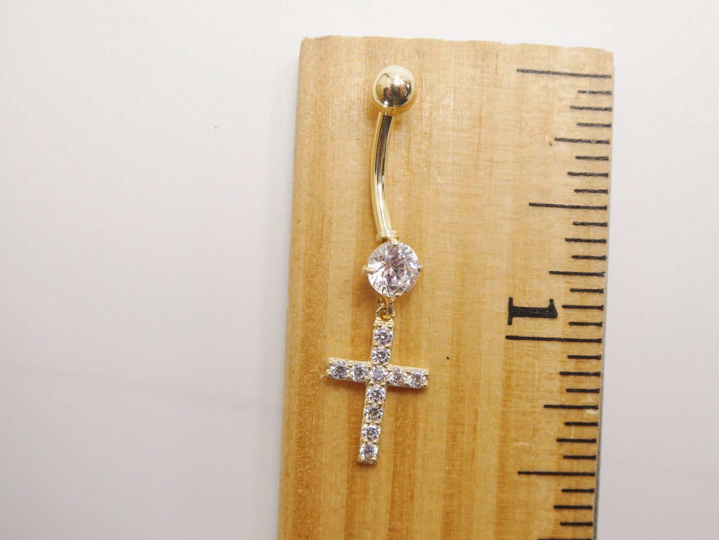 14k real solid yellow gold dangling cross belly button ring piercing