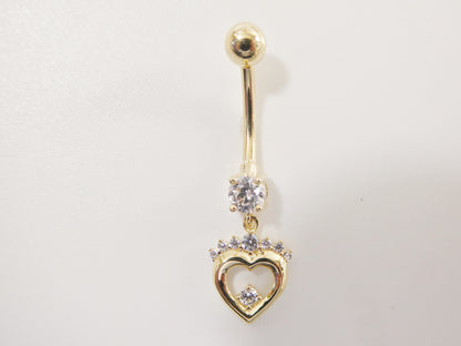 14k Real Solid Yellow Gold Heart Dangling Belly Button Ring Piercing