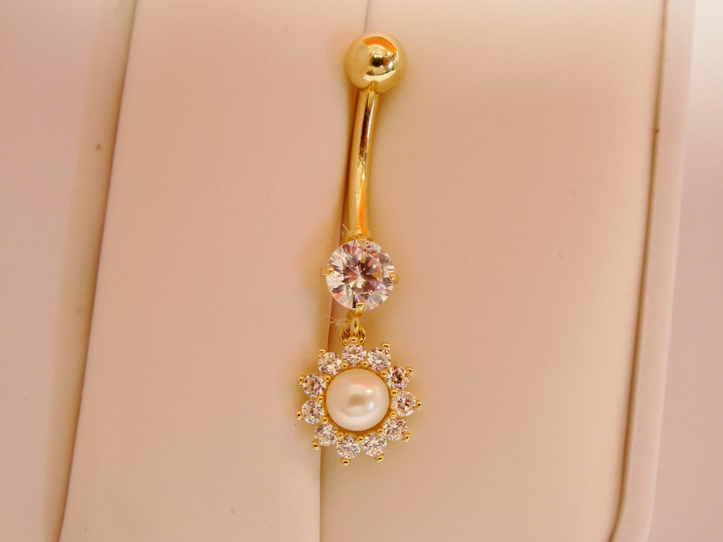 14k real solid yellow gold dangling freshwater real pearl belly button ring piercing