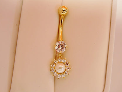 14k Real Solid Yellow Gold Dangling Freshwater Real Pearl Belly Button Ring Piercing