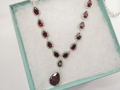 Real 925 Sterling Silver Teardrop Red Garnet Women Necklace
