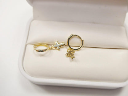 Real 10k Solid Yellow Gold Cross Dropping Hoop Huggie Earrings