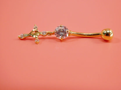 14k Real Solid Yellow Gold Dangling Cross Belly Button Ring Piercing