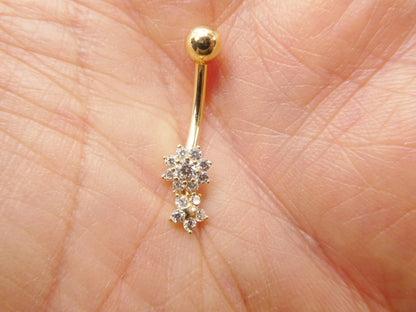 14k Real solid Yellow Gold Flower Bar Belly Button Ring Piercing