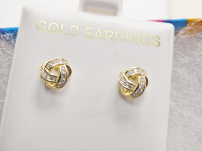 Real 10k Solid Yellow Gold Push Post Full Stone Setting Love Knot Stud Earrings
