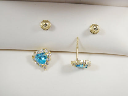 10k Real Solid Yellow Gold Screw Back Children Birth Stone Earrings Heart Shape