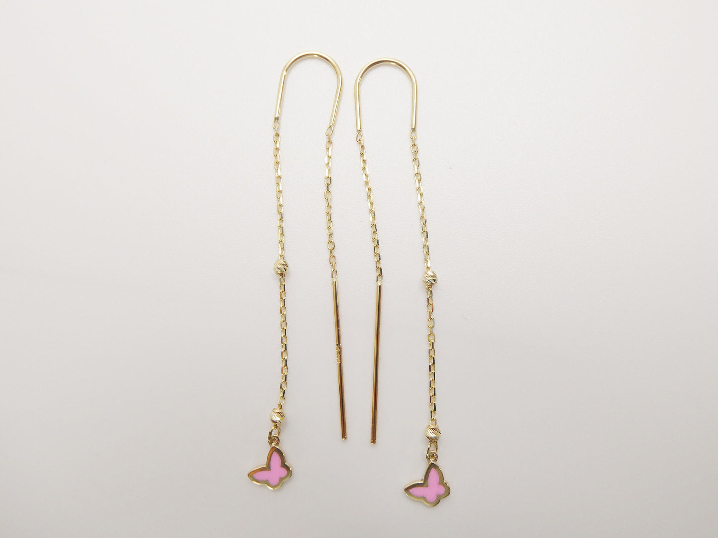 14k real solid yellow gold pink butterfly long dangling earrings