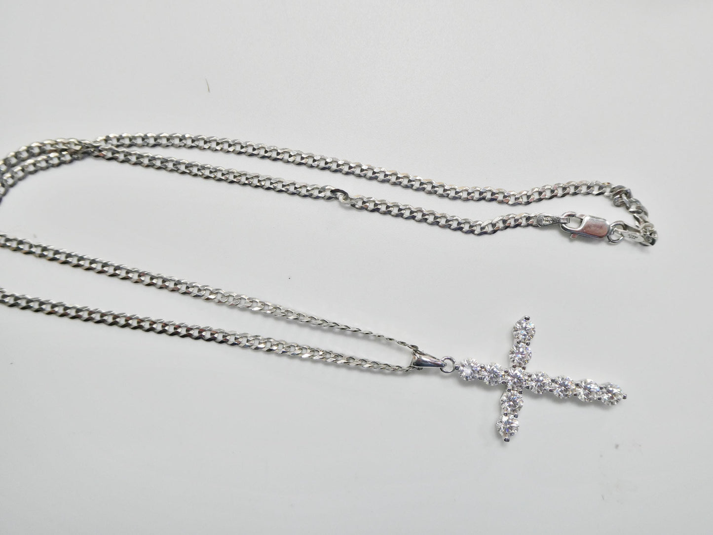 real 925 sterling silver 18 inch flat chain and moissanite cross pendent charm