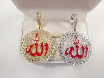 Real 925 Sterling Silver Large Muslim Allah Pendent Full Ice Stone Charm