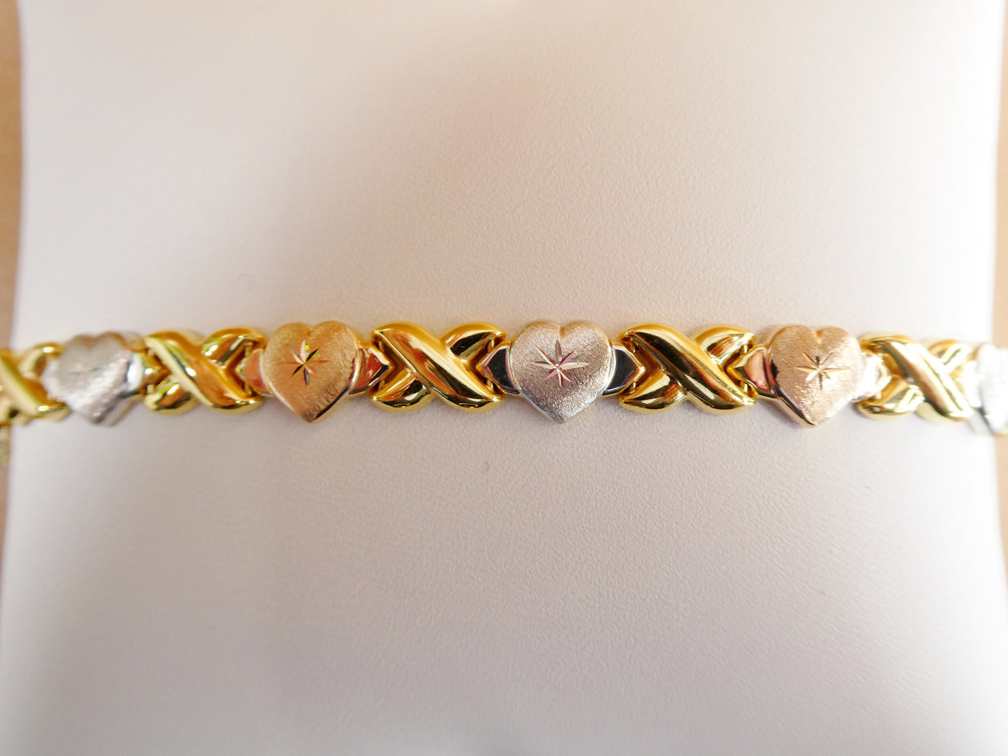 6.5 7/ 8 inch xoxo heart stampato bracelet tri color tone 14k yellow gold color finish over real 925 sterling silver