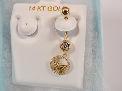 14k Real Solid Yellow Gold Dangling Circle Butterfly Belly Button Ring Piercing