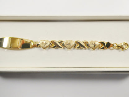 Real 925 Sterling Silver Stampato X Heart ID Bracelet 14k Yellow Gold Finish