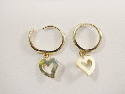 Real 10k Solid Yellow Gold Plain Heart Dangle Hoop Huggie Earrings