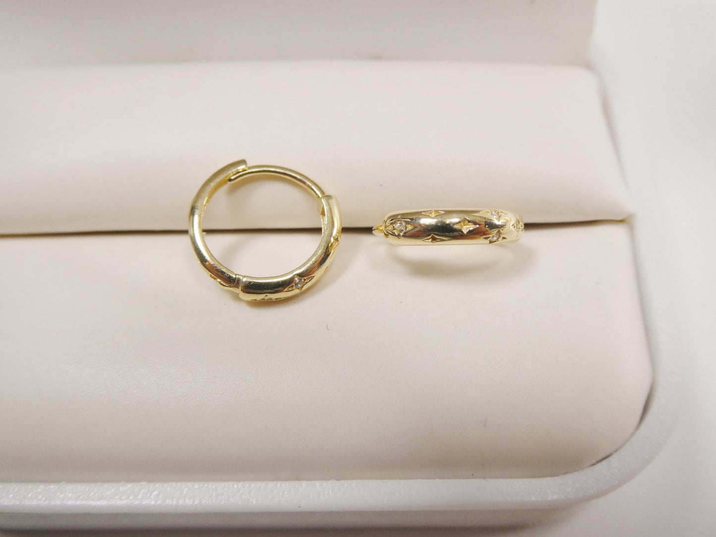 real 10k solid yellow gold cz earring / cartilage daith hoop huggie earring