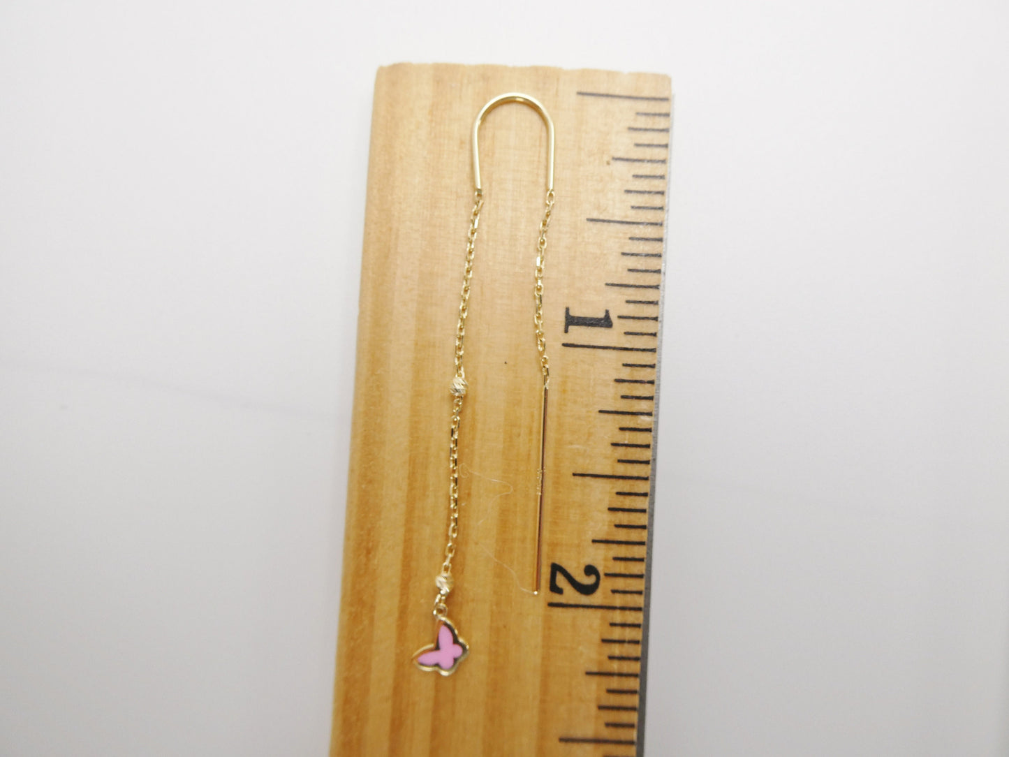 14k real solid yellow gold pink butterfly long dangling earrings