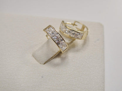 Real 10k Solid Yellow Gold Square-cut Stone Hoop Huggie Earrings