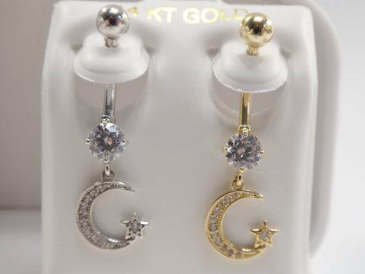 14k real solid yellow gold dangling moon and star belly button ring piercing