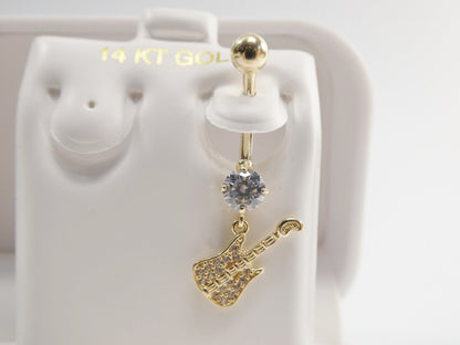 14k Real Solid Yellow Gold Guitar Dangling Belly Button Ring Piercing
