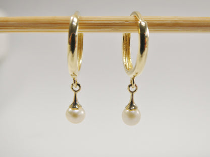 Real 10k Solid Yellow Gold Dangling Cultured Freshwater Pearl Plain Hoop Huggie Earrings
