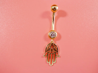14k Real Solid Yellow Gold Dangling Hamsa Hand Belly Button Ring Piercing