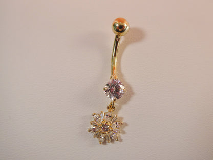 14k Real Solid Yellow Gold Dangling Flower Belly Button Ring piercing