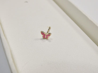 14k Real Solid Yellow Gold Tiny Pink Butterfly Stud Nose Ring